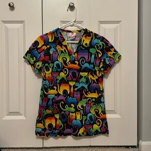 White Cross rainbow abstract cats scrub top - 2 pockets